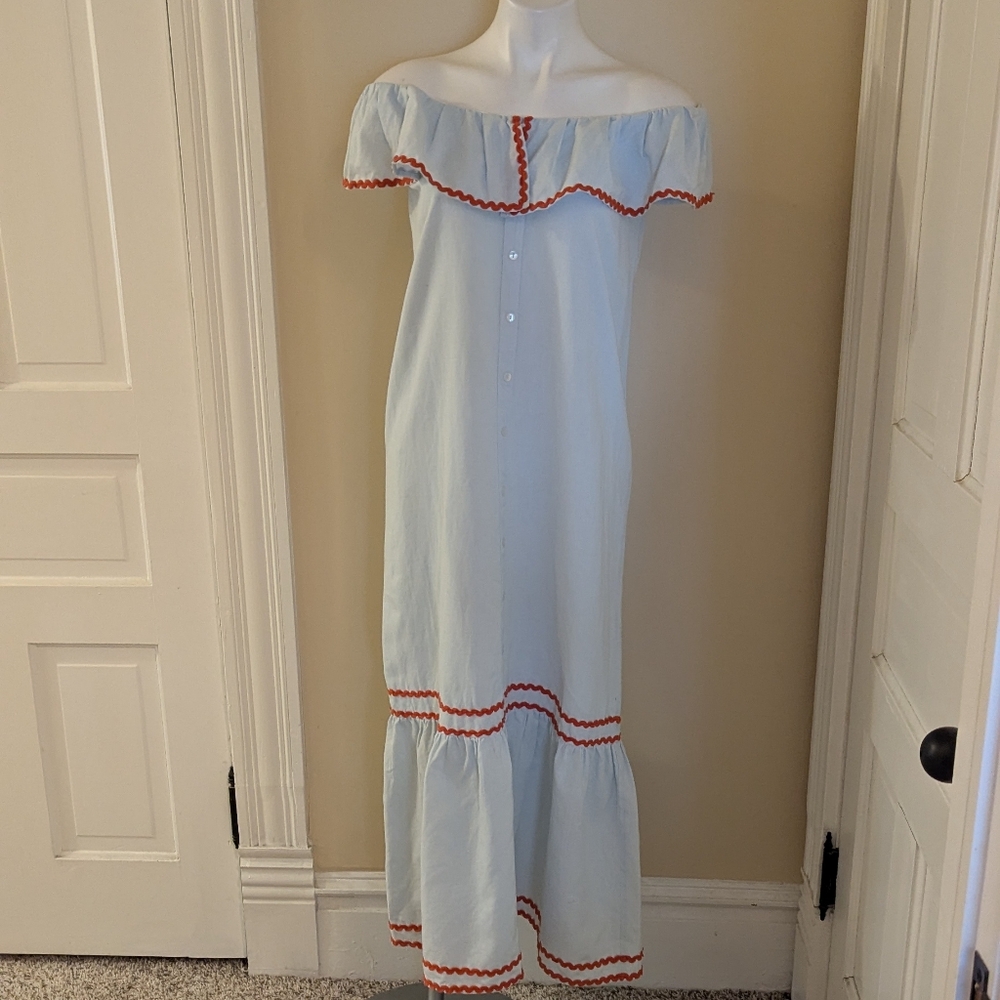 Mason's Daughter pale blue of shoulder w/ orange ric rac trim maxi dress size M